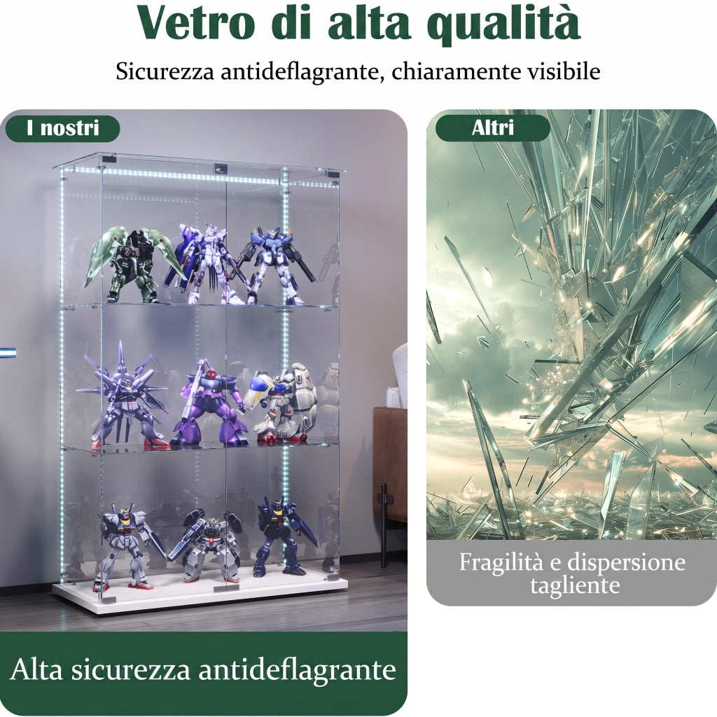 Vetrina espositiva in vetro temperato bianca con luci LED e serratura, 78,5x35x123,5cm, doppie ante per figurine e collezioni