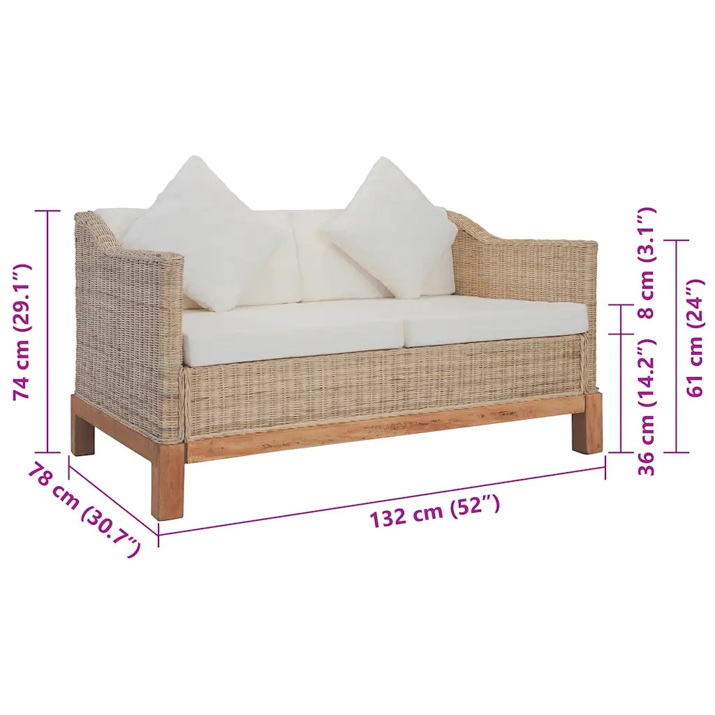 Divano a 2 Posti con Cuscini in Rattan Naturale 283076