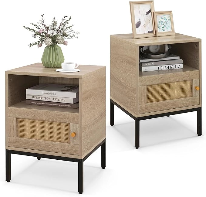 Comodino 40 x 40 x 57cm in Legno e Rattan, Tavolino in Stile Boemia con Ripiano Aperto, Armadietto e Gambe in Metallo, Mobile Moderno per Camera da Letto, Soggiorno e Salotto (2)