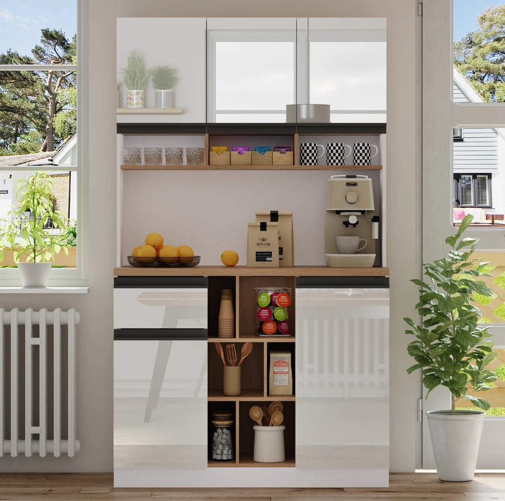 Credenza 105x45x185 cm con ante lucide; ripiani regolabili; MDF bianco