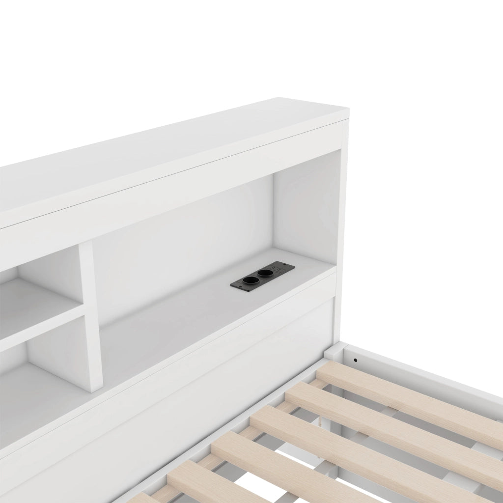 LETTO estraibile 140x200 cm bianco con LED, presa, USB e vano laterale