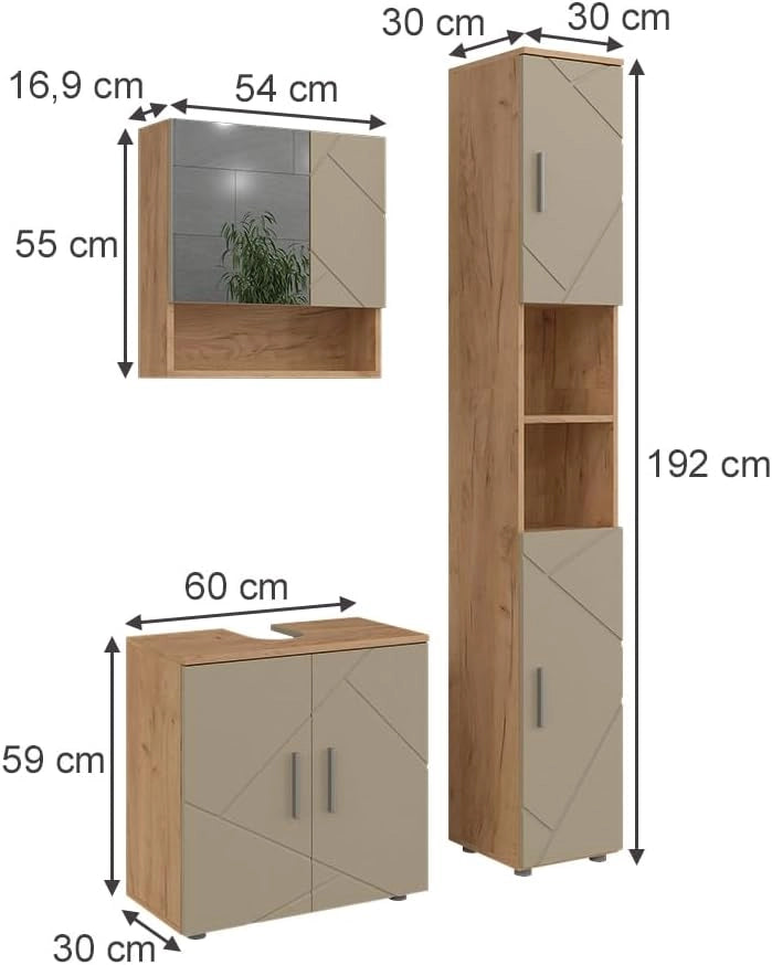 Set di mobili da bagno Irma, Beige, 60 cm, composto da mobile sottolavabo, specchiera e colonna alta