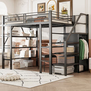 Letto a soppalco 140x200 cm in metallo nero con scrivania, scaffale a tre livelli e armadio integrato