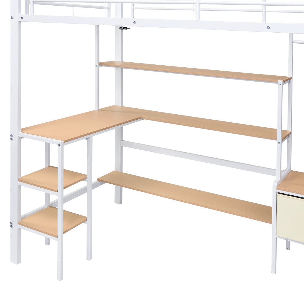 Letto a Soppalco 90x200 cm - Scrivania; Scaffale e 2 Contenitori - Bianco Naturale