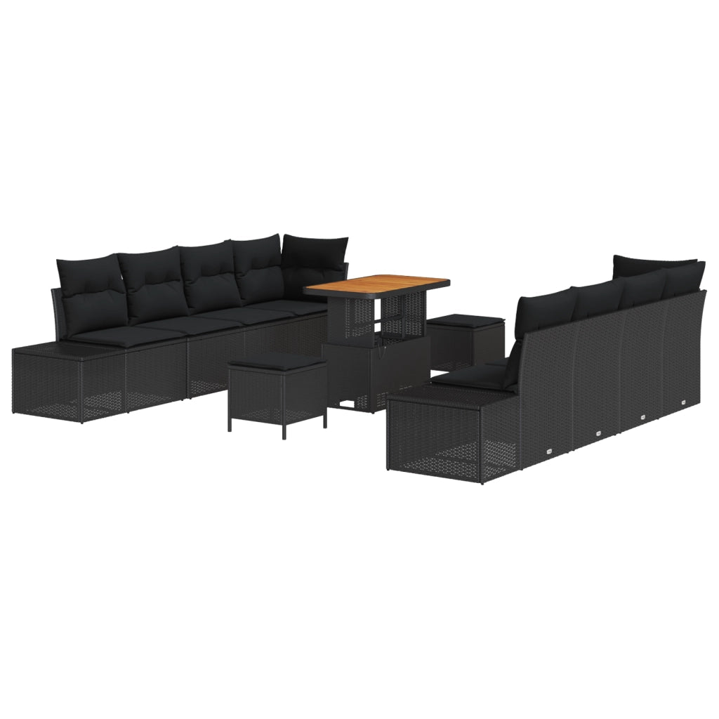 Set Divano da Giardino di 11 Pezzi con Cuscini Polyrattan Nero Acacia