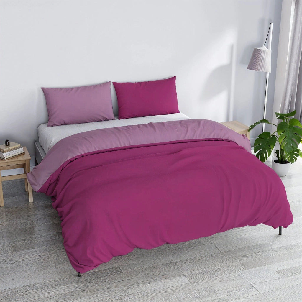 Copripiumino Piazza E Mezza con Sacco e Federe in Tinta Unita Double Face Linea Vera Fucsia e Lilla