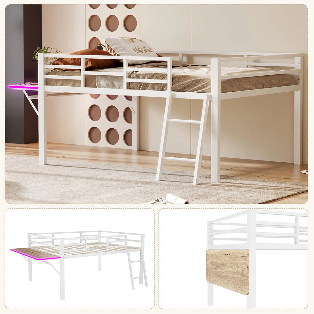 Letto a soppalco 140x200 cm - Xylo - Bianco, Struttura metallica, Scrivania integrata, Luci LED con telecomando