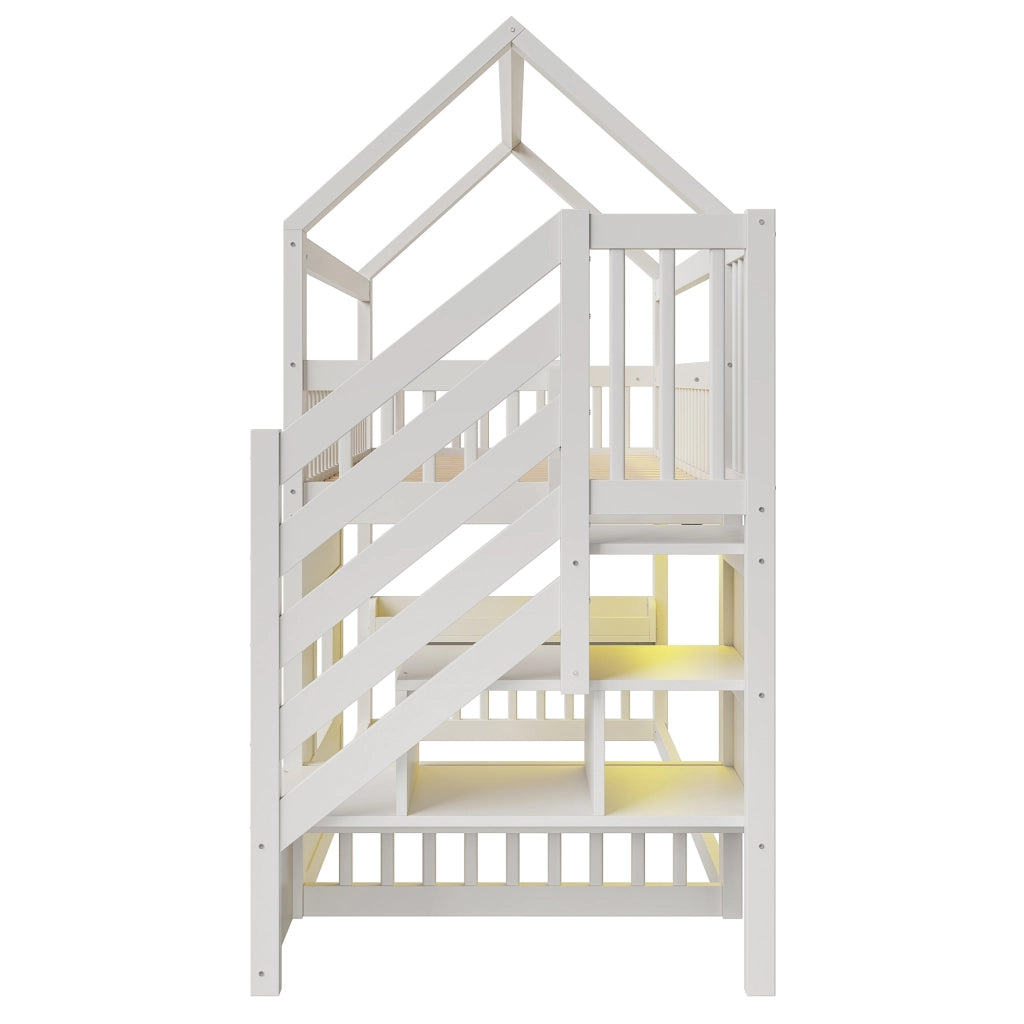 Letto a soppalco per bambini con LED; scala a 2 vani e finestra LEMONMAX; 90x200 cm; cabana mezza altezza; pino massiccio; bianco