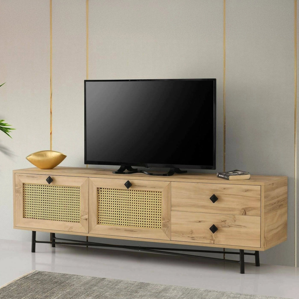 Mobile porta TV Apollinare, Credenza da soggiorno, Armadio basso per TV, Base parete attrezzata, 180x40h60 cm, Quercia e Nero