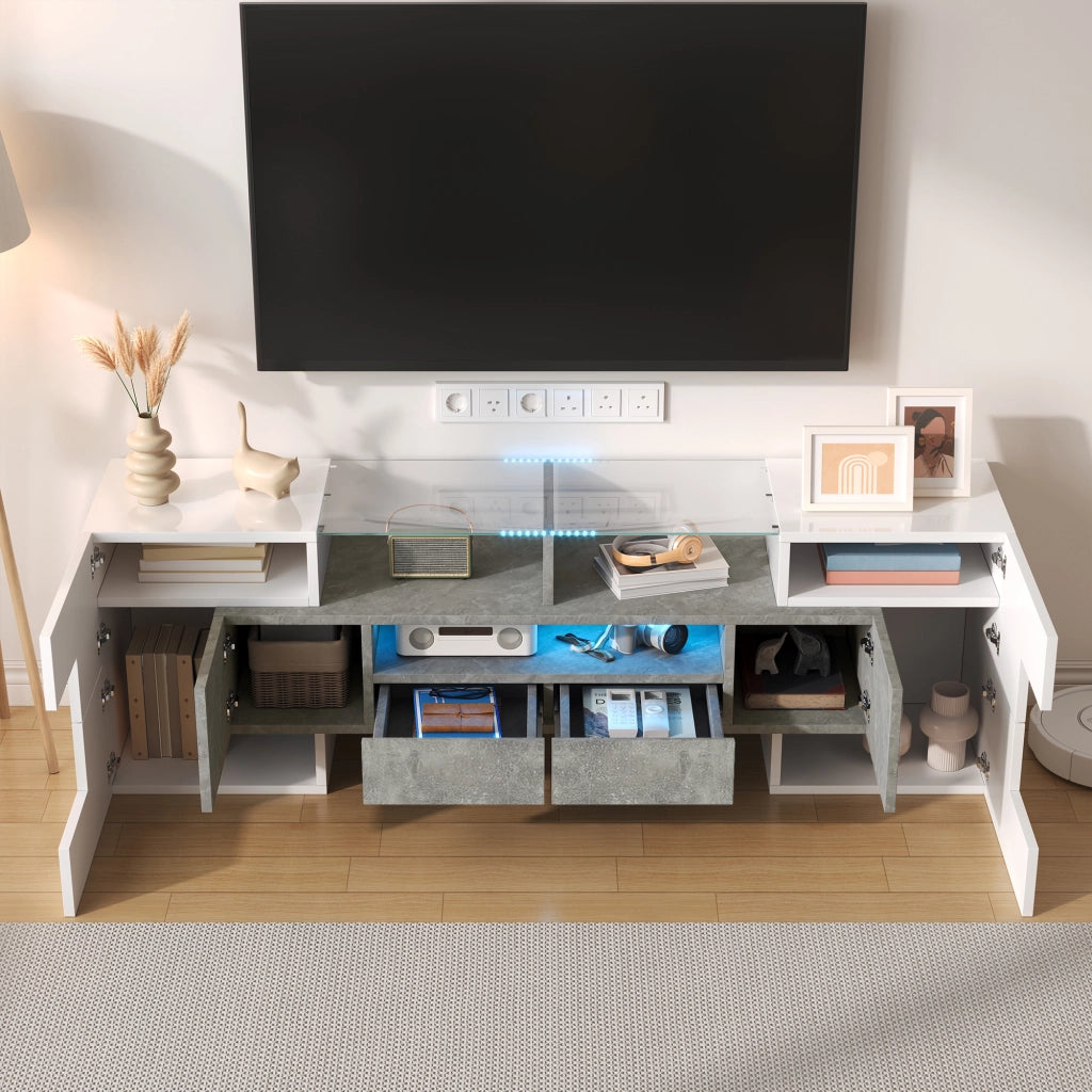 OKWISH Mobile TV con 6 Ante, 2 Cassetti, 3 Vani e LED, Finitura Lucida per Soggiorno, Bianco, 145x30x51 cm