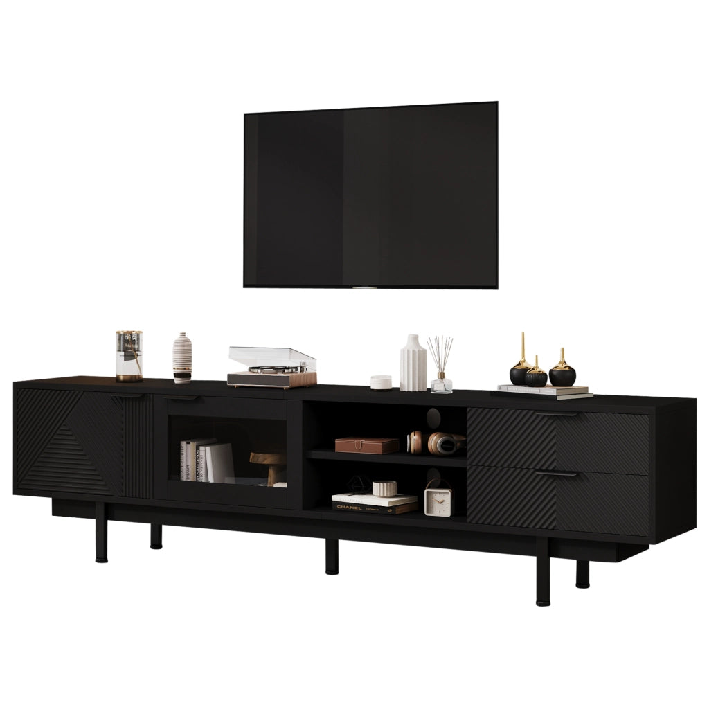 Mobile TV 200x40x50.5 cm con 2 porte e 2 cassetti; 3 livelli e 45 kg; truciolare e vetro temperato nero