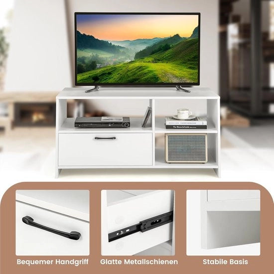 Cassa TV, console con cassetto e cassetti aperti, tavolo per TV fino a 50 pollici, cassa TV, tavolo per TV per soggiorno, 104,5 x 51,5 x 52 cm