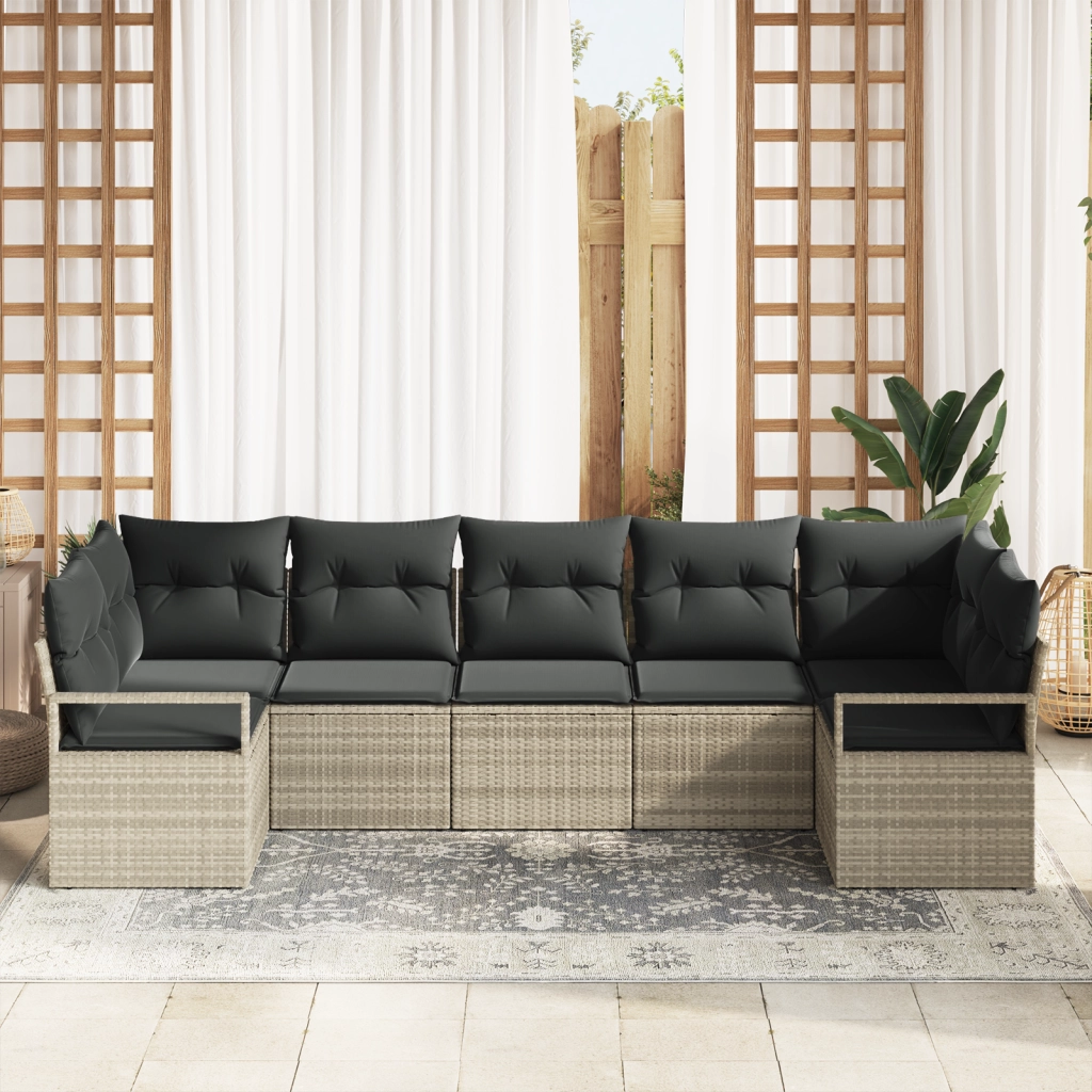 Set di Divano da Giardino 7 Pezzi con Cuscini Grigio Chiaro Rattan Polietilene