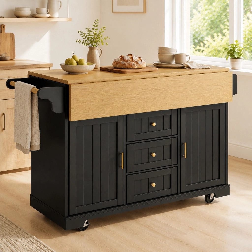 ISOLA CUCINA 120x40x95 cm MDF Nero con 3 Cassetti e Ruote