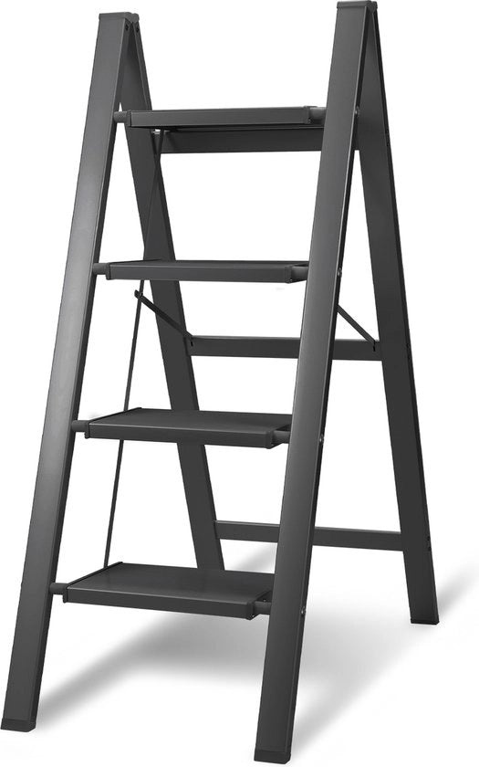 Ladder Opvouabile a 4 gradini con Pedane Anti-Slittamento, Inclinabile, in Alluminio, Nero