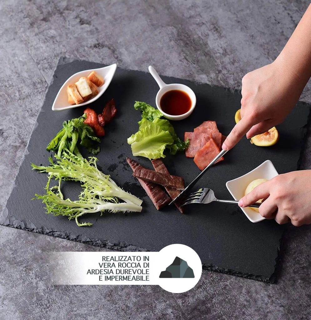 Set Da 6 Pezzi Piatti Ardesia 40x30Cm Grandi XXL Cm Pietra Naturale Sottopiatti Piatto Vassoio Portata Decorazioni Tavola Piatti Grandi Certificati Contatto Alimentare Sushi Formaggi Salumi