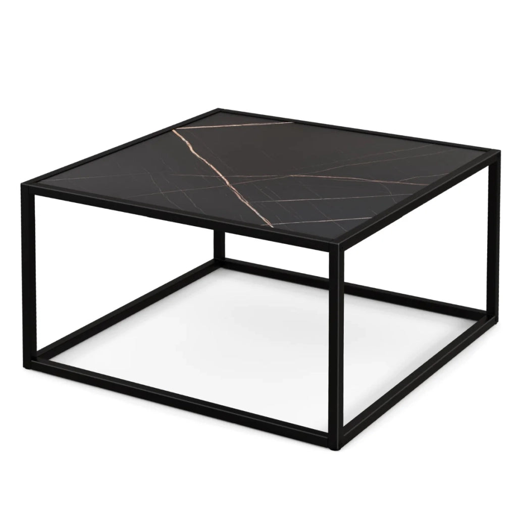 Tavolino quadrato 70 x 70 x 40 cm con piano in finto marmo e solida struttura in acciaio nero stile moderno minimalista 20_0013757