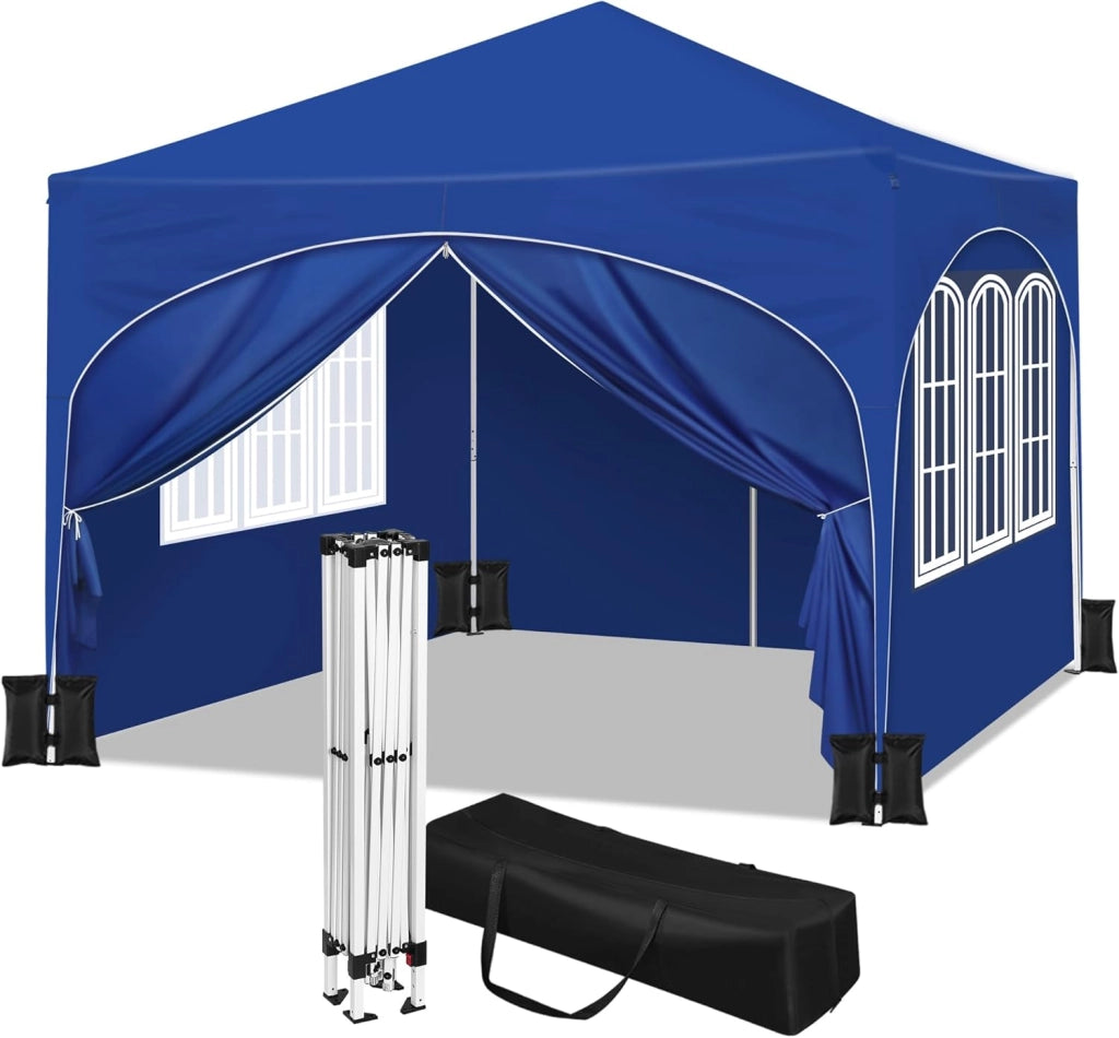 Gazebo da Giardino Richiudibile 3x3m con Pannelli Laterali,Gazebo da Esterno in Ferro Regolabile in Altezza Tendone con Soffitto Semicircolare Pieghevole,Set di 4 Sacchi di Sabbia,Grigio