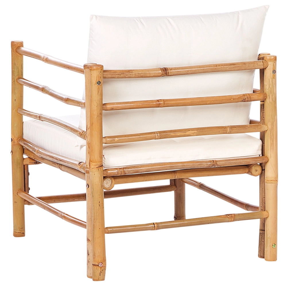 Poltrona in legno di bambù bianco sporco con cuscini per sedile e schienale interni ed esterni giardino
