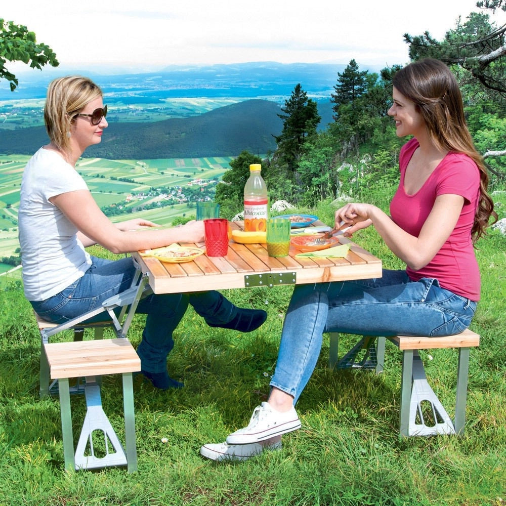 Trade Shop - Set Tavolo Tavolino Pieghevole Pic Nic Campeggio Alluminio Con 4 Sgabelli Legno -