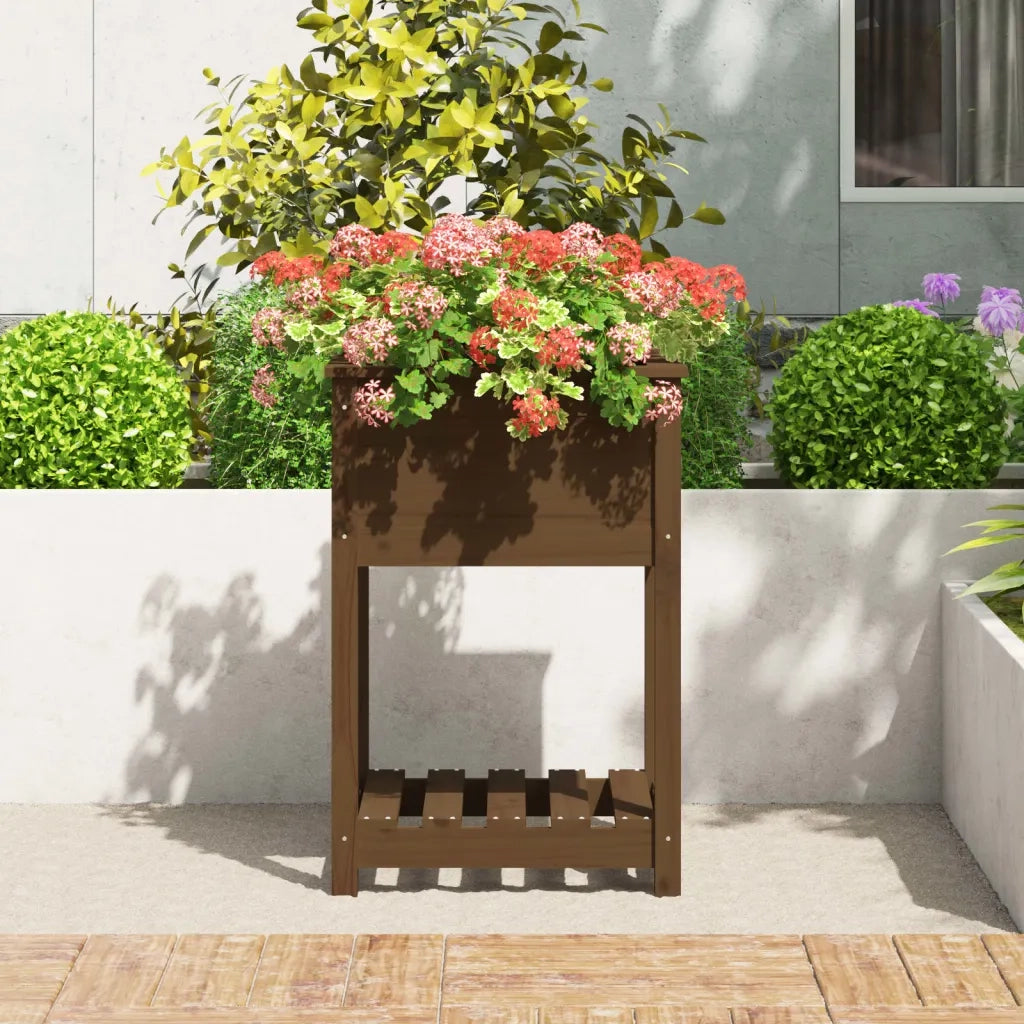 Fioriera con Mensola-Vaso con Ripiano-Contenitore per Piante Ambra 54x54x81cm in Legno Massello di Pino