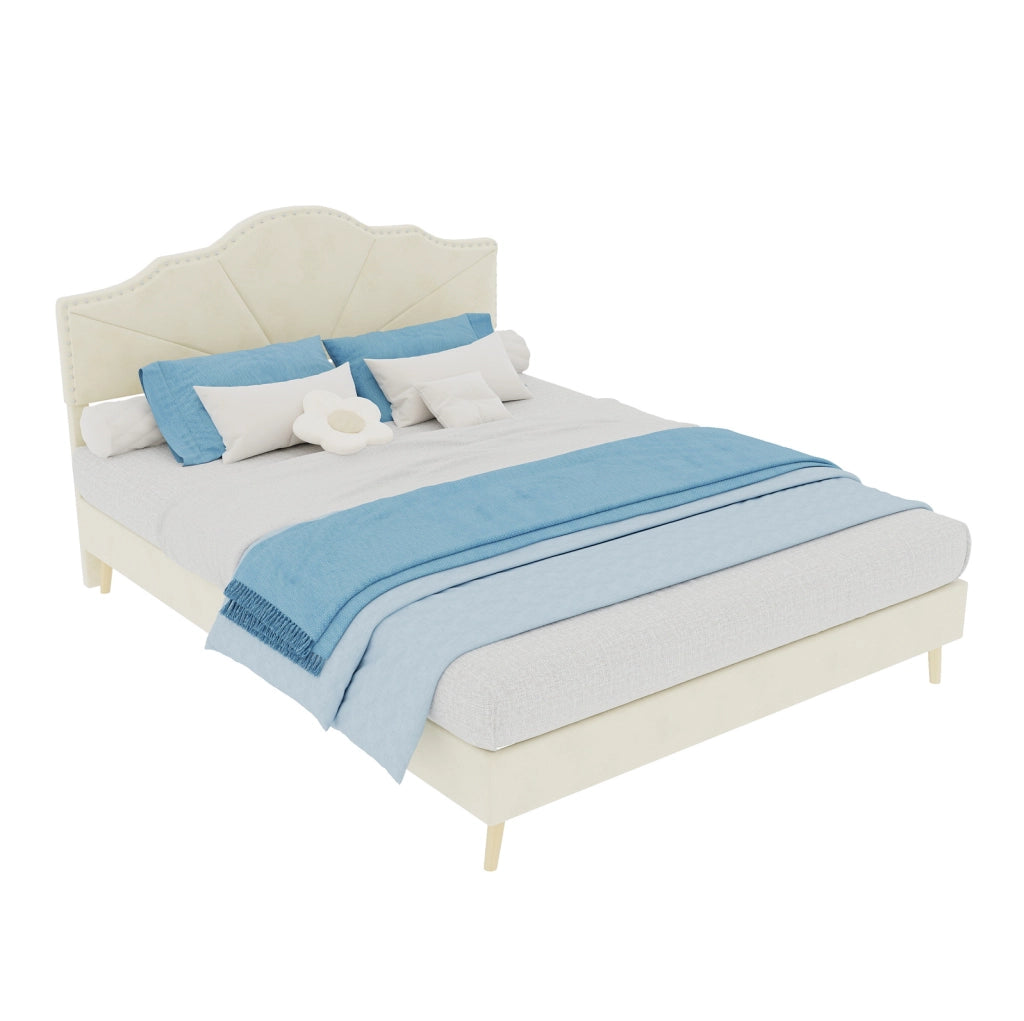 Letto 140x200 cm in tessuto beige con testiera e materasso, per camera -
