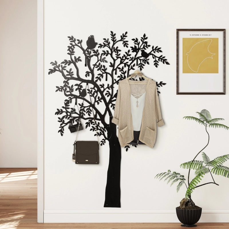 Guardaroba da parete, appendiabiti da parete con design ad albero e uccelli, nero