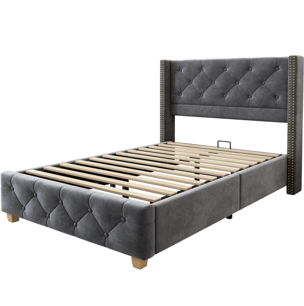 Letto imbottito 90x200 cm in velluto grigio con testiera; rete a doghe e gambe in legno