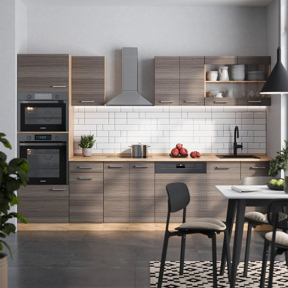 Vicco Cucina componibile Grigio nobile/rovere dorato 300 cm con armadio alto, PL Marmo