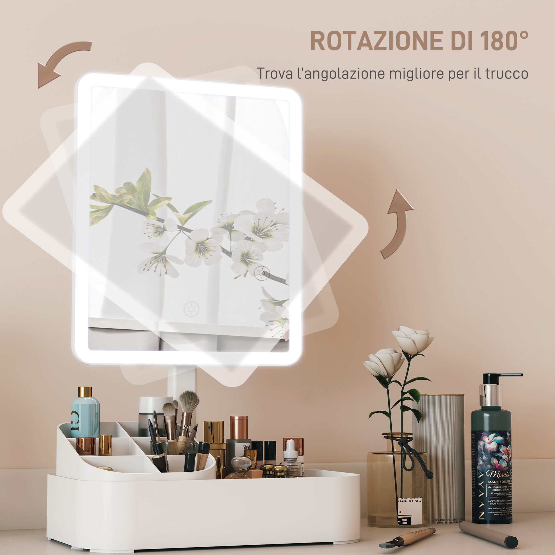 Specchio da Trucco con Luce Regolabile su 2 Livelli Rotazione 180° e Organizer per Trucchi Bianco