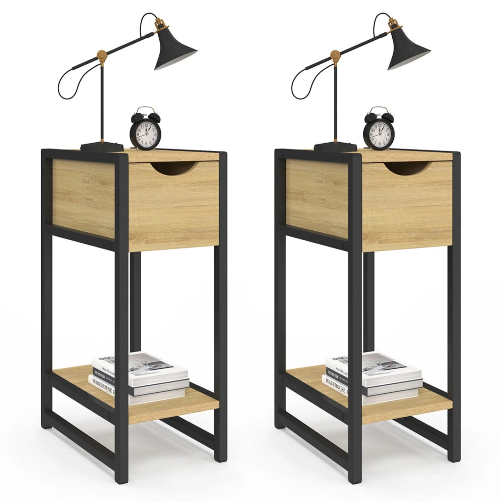 IDMarket - Set di 2 comodini a 1 cassetto DETROIT con ripiano in metallo nero e legno, design industriale
