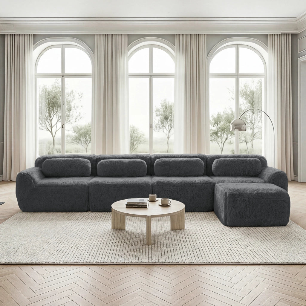 Divano Angolare Modulare 4 Posti con Chaise Longue e Cuscini; senza Montaggio; in Peluche; Grigio