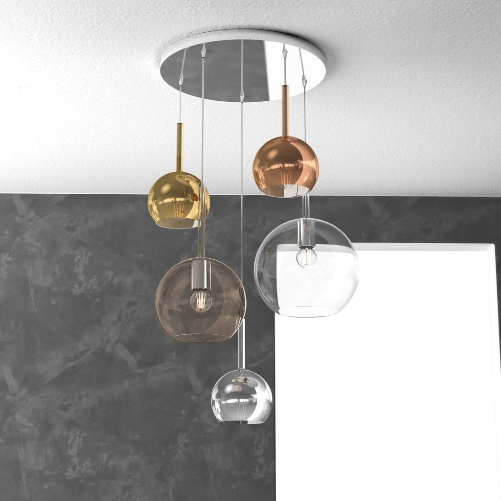 Lampadario Contemporaneo Future Metallo Cromo Vetro Mix Multicolor 5 Luci E27