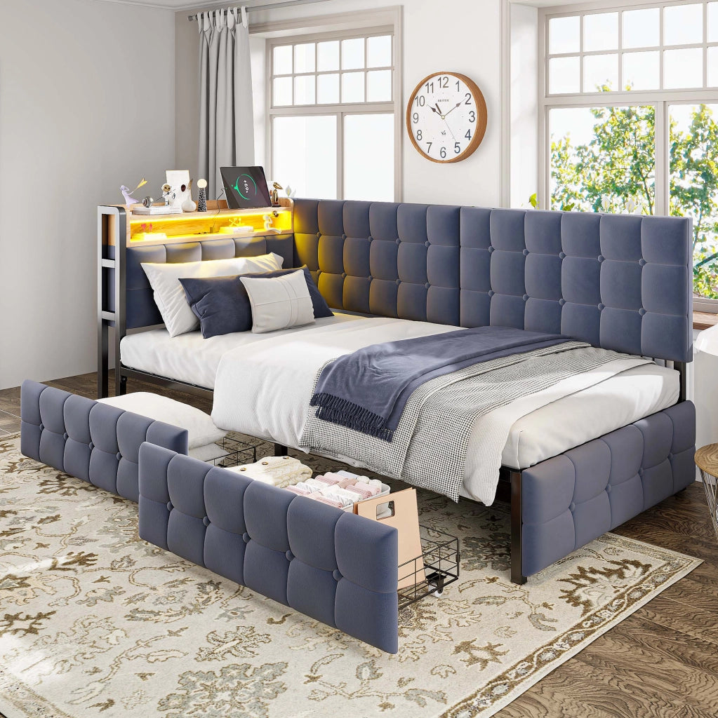 Letto imbottito 90x200 cm con LED; cassetti e USB in tessuto grigio