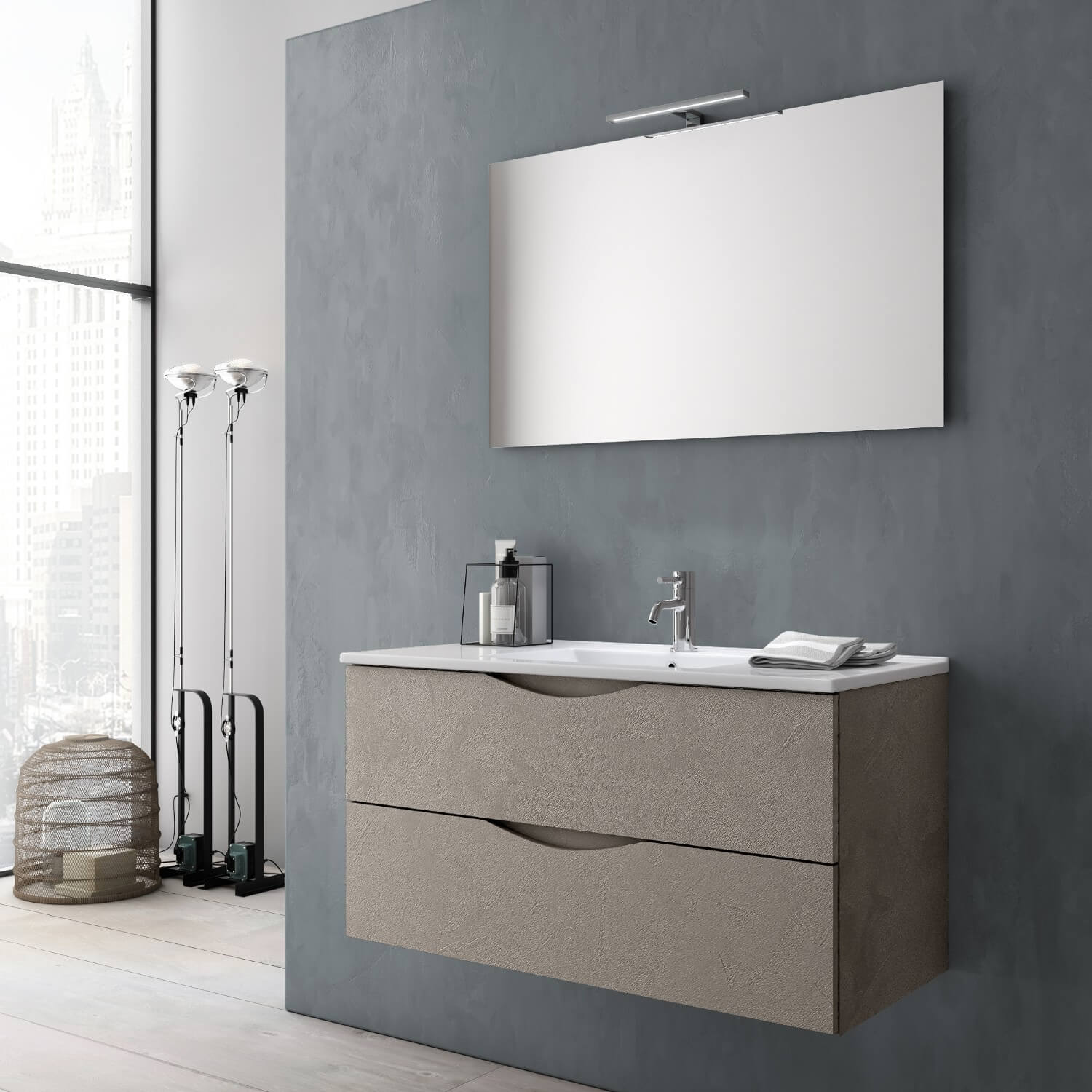Mobile da Bagno Sospeso con Lavabo Specchio e Lampada a LED TFT Marte Avana Effetto Pietra