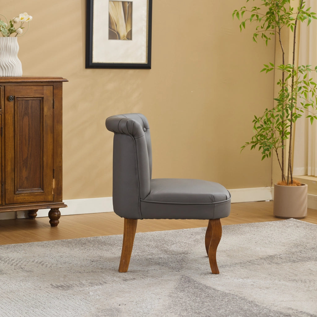 Sedia da pranzo in pelle pieno fiore con bottoni decorativi e gambe in legno massello, grigio 64 × 59 × 50 cm