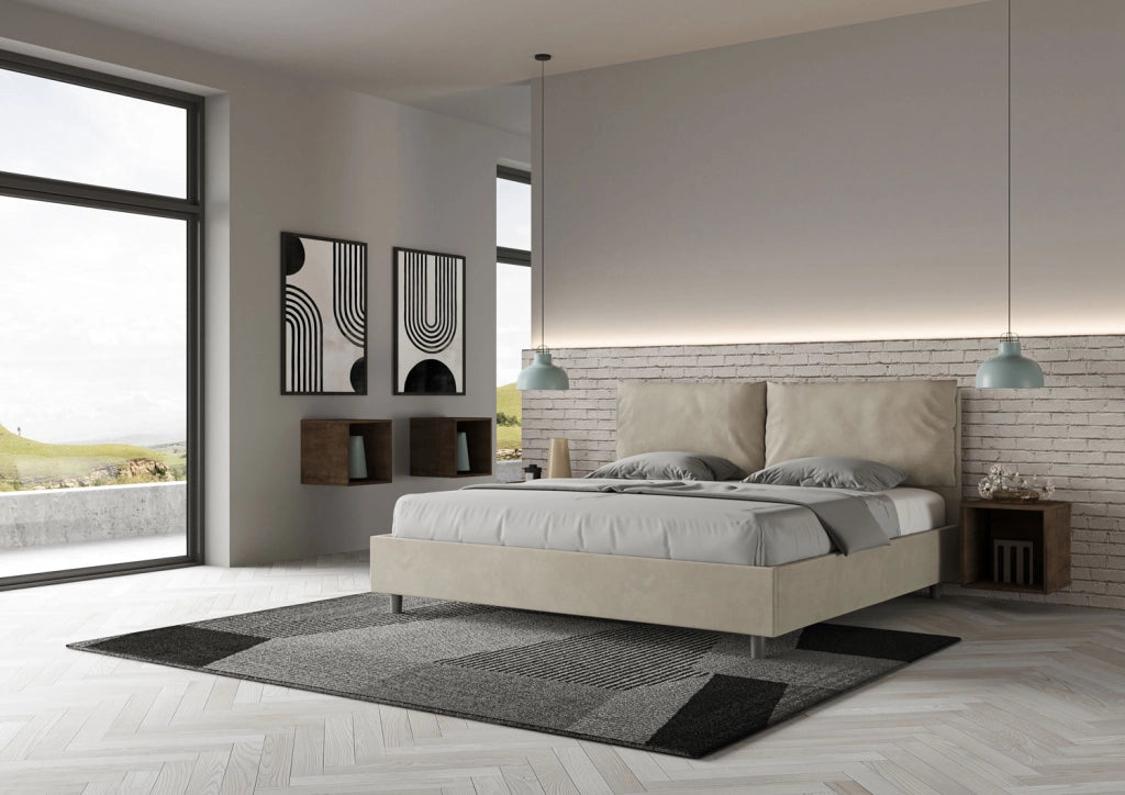 BS COM Letto matrimoniale king size contenitore imbottito 200x200 microfibra sabbia