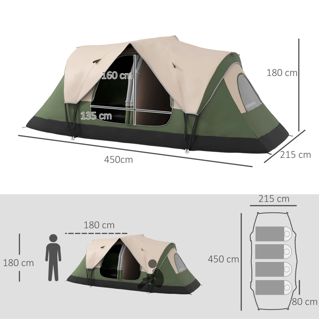 Tenda da Campeggio 450x215x180 cm 6 Posti con 2 Stanze Separate Verde Scuro