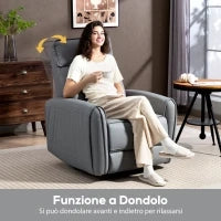 Poltrona Relax Reclinabile Manualmente con Poggiapiedi in Tessuto Effetto Pelle e Base Girevole, Grigio
