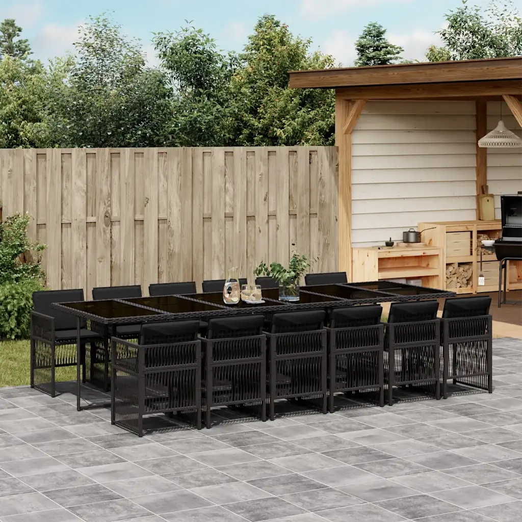 Set da Pranzo da Giardino 13pz con Cuscini Nero in Polyrattan 3210943