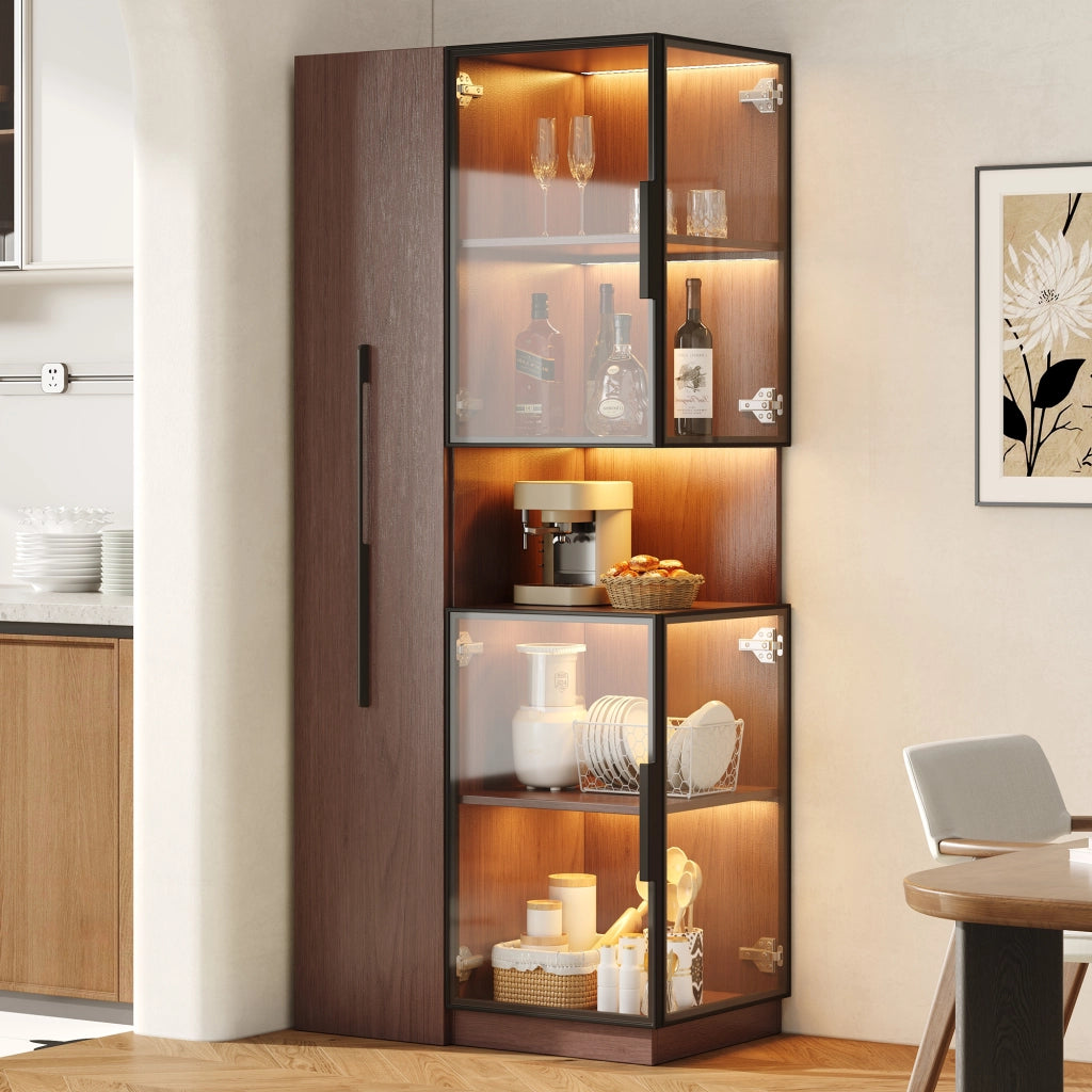Vetrina alta in MDF e vetro 70×38×160 cm, colore noce, con ripiani estraibili e LED multicolore