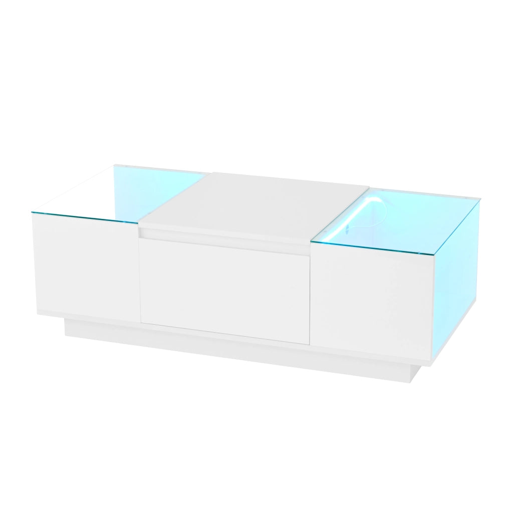 Tavolino da salotto moderno con LED - Zephmum- 105 cm, vetro, 2 cassetti