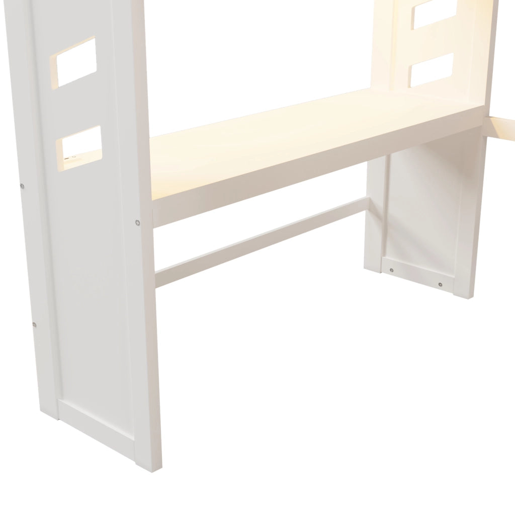 DESMIU Letto a soppalco 140 × 200 cm 1 posto con scrivania, LED, USB, Type-C, ripiano, senza materasso, in pino, bianco
