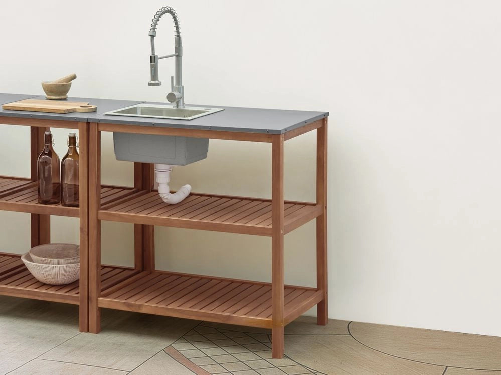 Isola da giardino in legno di acacia marrone e argento 2 ripiani 80 x 50 x 83 cm Piano in acciaio Giardino Cucina Pranzo