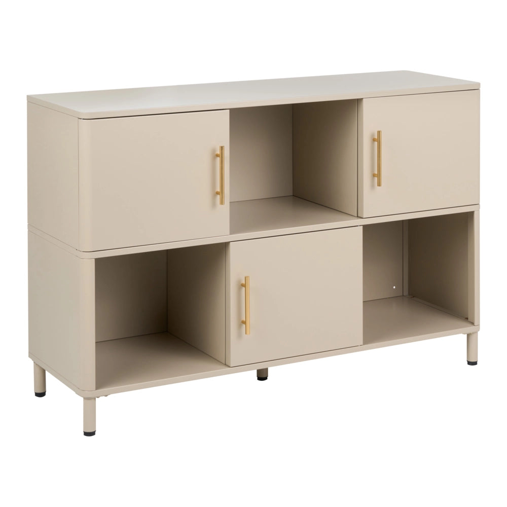 Credenza in acciaio color beige a 3 ante con ripiani aperti, angoli arrotondati e maniglie dorate