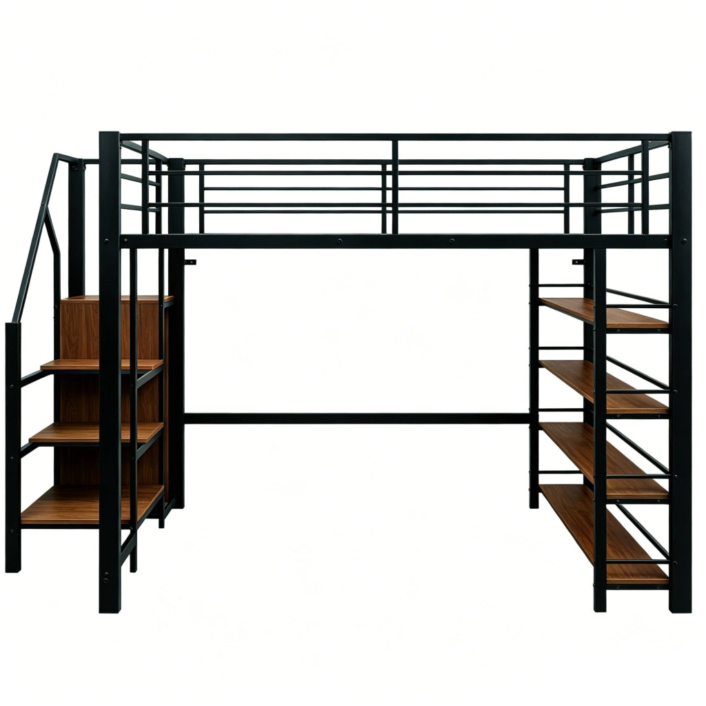 Letto a soppalco 140x200 cm con scala contenitore in MDF e metallo nero