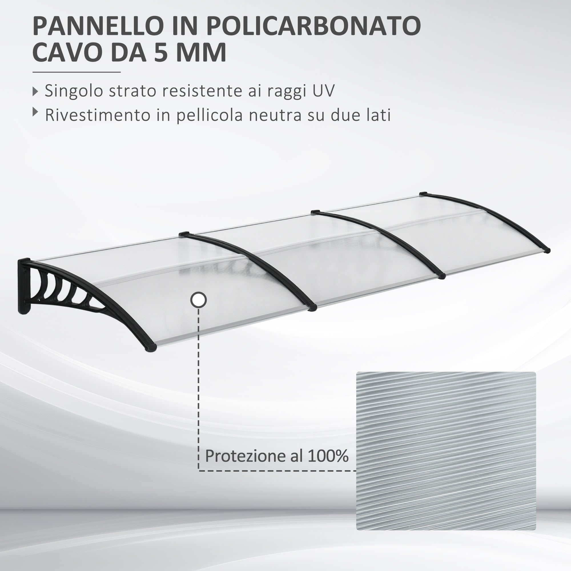 Pensilina Tettoia 303x96x27 cm in Policarbonato Alluminio e PP Nera e Trasparente