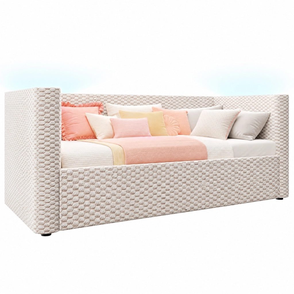 Divano letto daybed 90x200 cm in velluto beige con LED e contenitore idraulico
