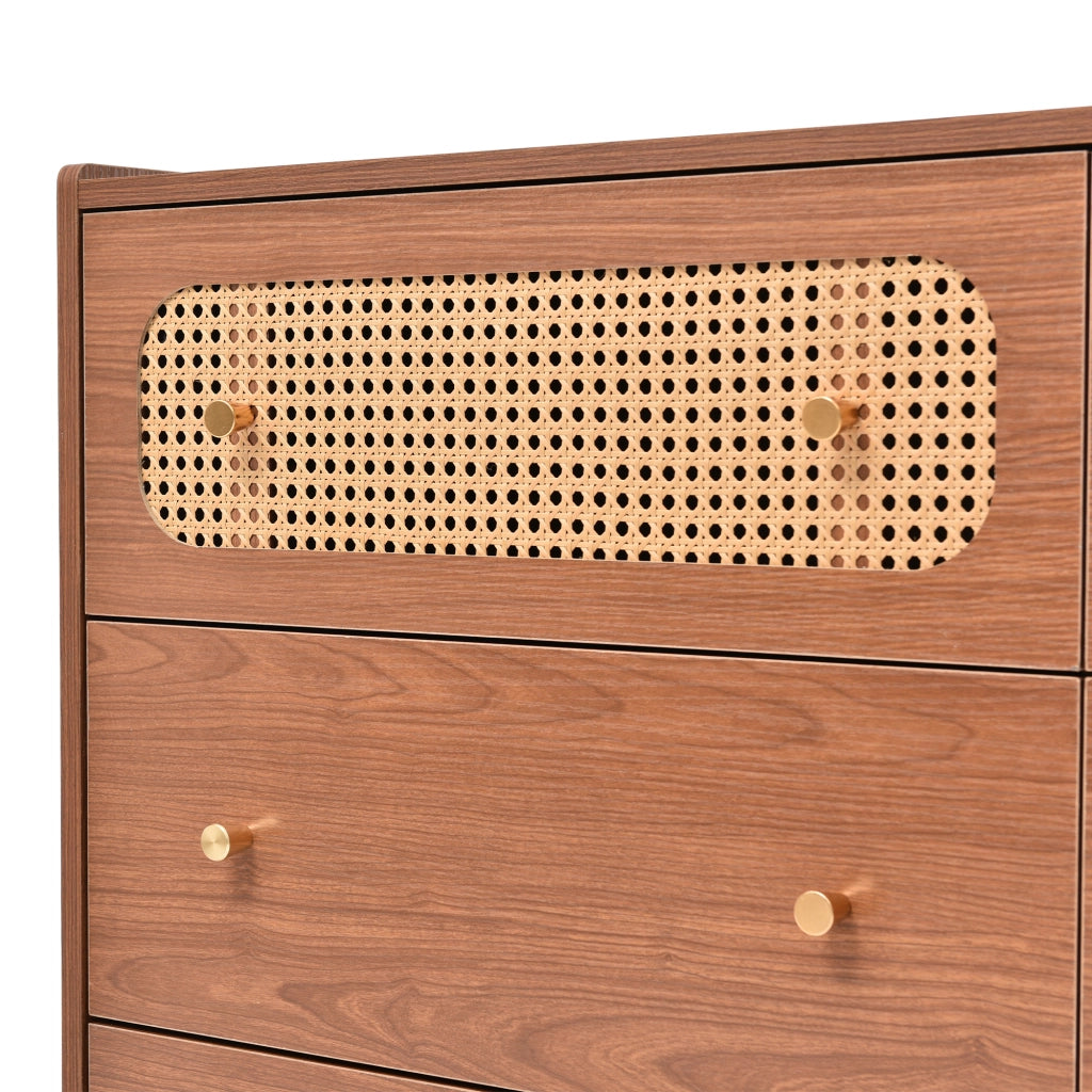 Comò con 6 Cassetti e 2 Frontali in Rattan per Camera da Letto in Legno e Metallo 120 × 40 × 90 cm Noce