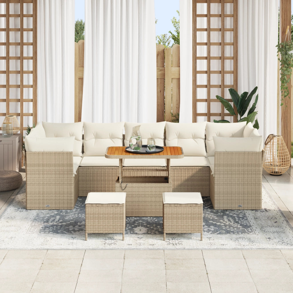 Set Divano da Giardino 10 Pezzi con Cuscini Beige Polirattan Acacia